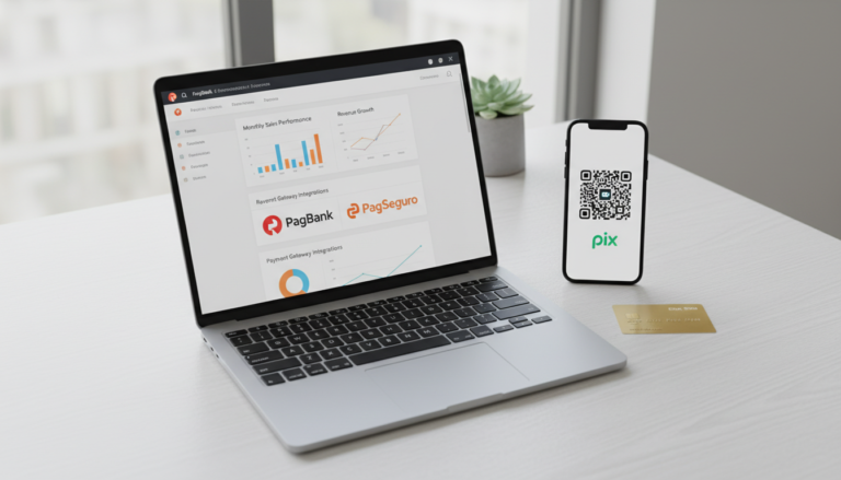 Dashboard de e-commerce com o plugin PagBank/PagSeguro Connect 4.53.2 ativo, mostrando opções de pagamento Pix e cartão de crédito para WooCommerce.