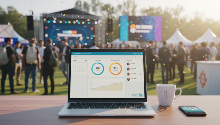 Dashboard de tema WordPress para eventos em laptop, gerenciando venda de ingressos e inscrições