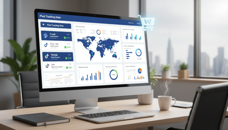 Dashboard de analytics do Pixel Manager for WooCommerce 1.58.5, com gráficos de performance de Google Ads, TikTok e GA4, mostrando dados de conversão e rastreamento de pixels em um ambiente de e-commerce moderno, refletindo as novas funcionalidades e melhorias da versão.