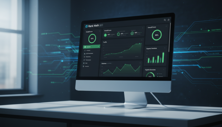 Painel de controle do Rank Math SEO 1.0.266 com estatísticas de otimização
