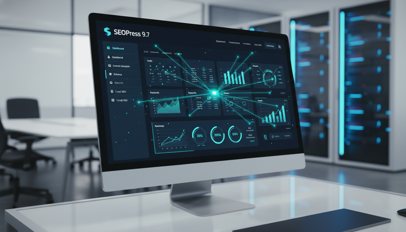 Interface do SEOPress 9.7 exibindo melhorias em SEO on-site e análise de conteúdo