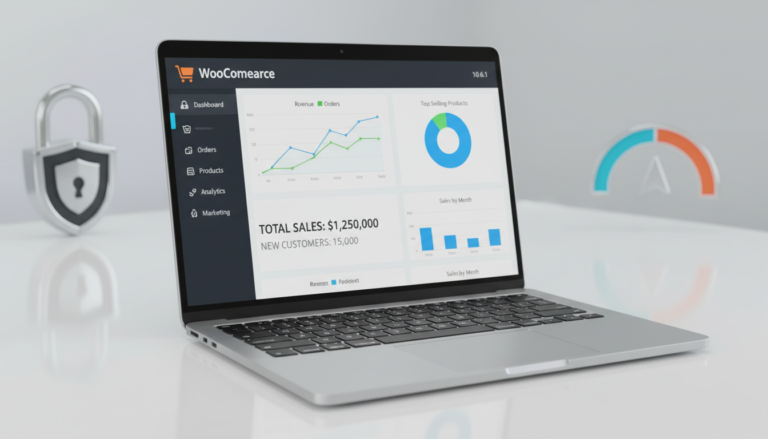 WooCommerce 10.6.1 dashboard com gráficos de performance e ícone de segurança