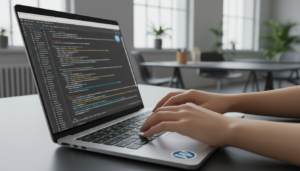 Mãos digitando código em um teclado de laptop com o logo do WordPress na tela, representando a adição de código personalizado a um site WordPress.