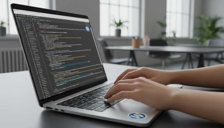 Mãos digitando código em um teclado de laptop com o logo do WordPress na tela, representando a adição de código personalizado a um site WordPress.