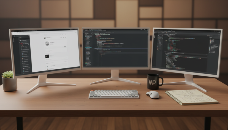 Mesa de desenvolvedor com código WordPress e ferramentas de design