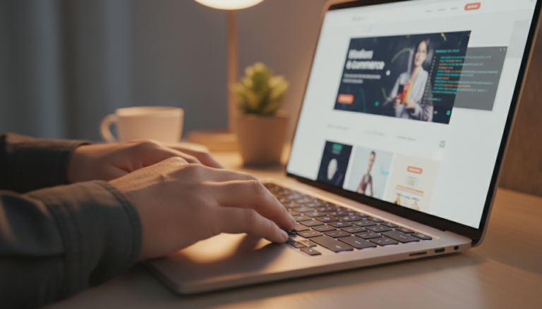 Mãos de desenvolvedor codificando para customização avançada WooCommerce em laptop