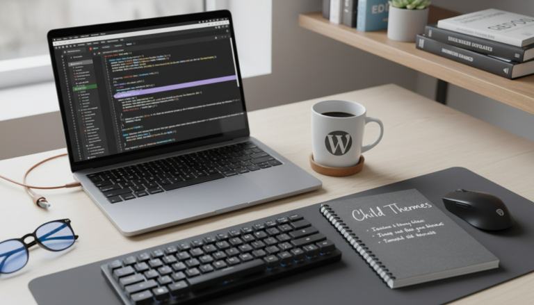 Laptop com código WordPress e o conceito de Child Themes sendo aplicado, mostrando eficiência no desenvolvimento web e proteção contra perda de dados em atualizações.