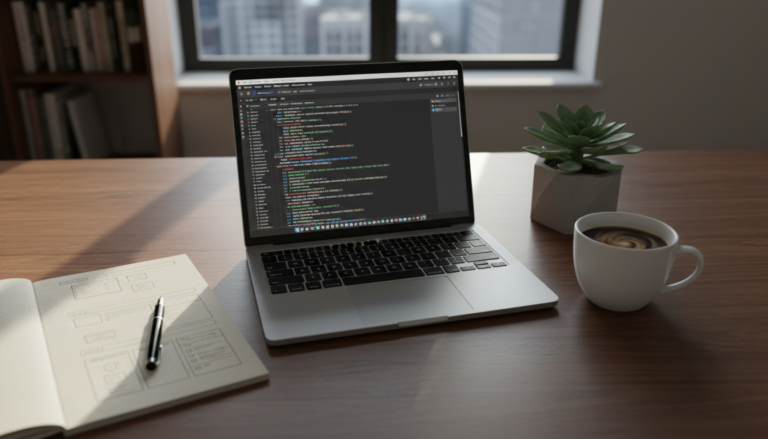 Mesa de trabalho com laptop exibindo código de tema WordPress, caderno de anotações e café.
