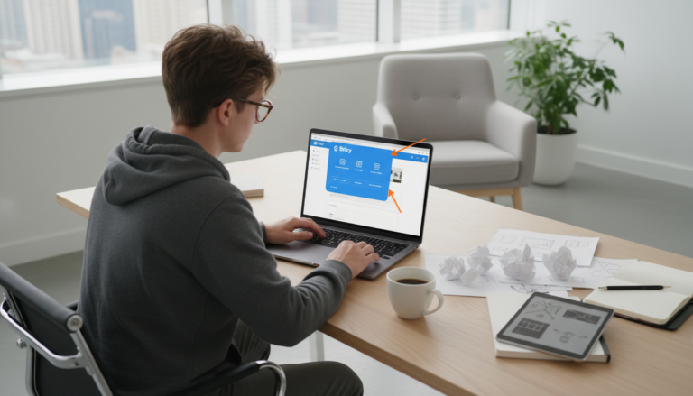 Interface do Brizy Page Builder 2.8.6 em um laptop, com designer trabalhando.