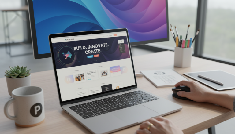Interface do Elementor PRO com efeitos de rolagem e animações aplicados em um layout de site moderno.