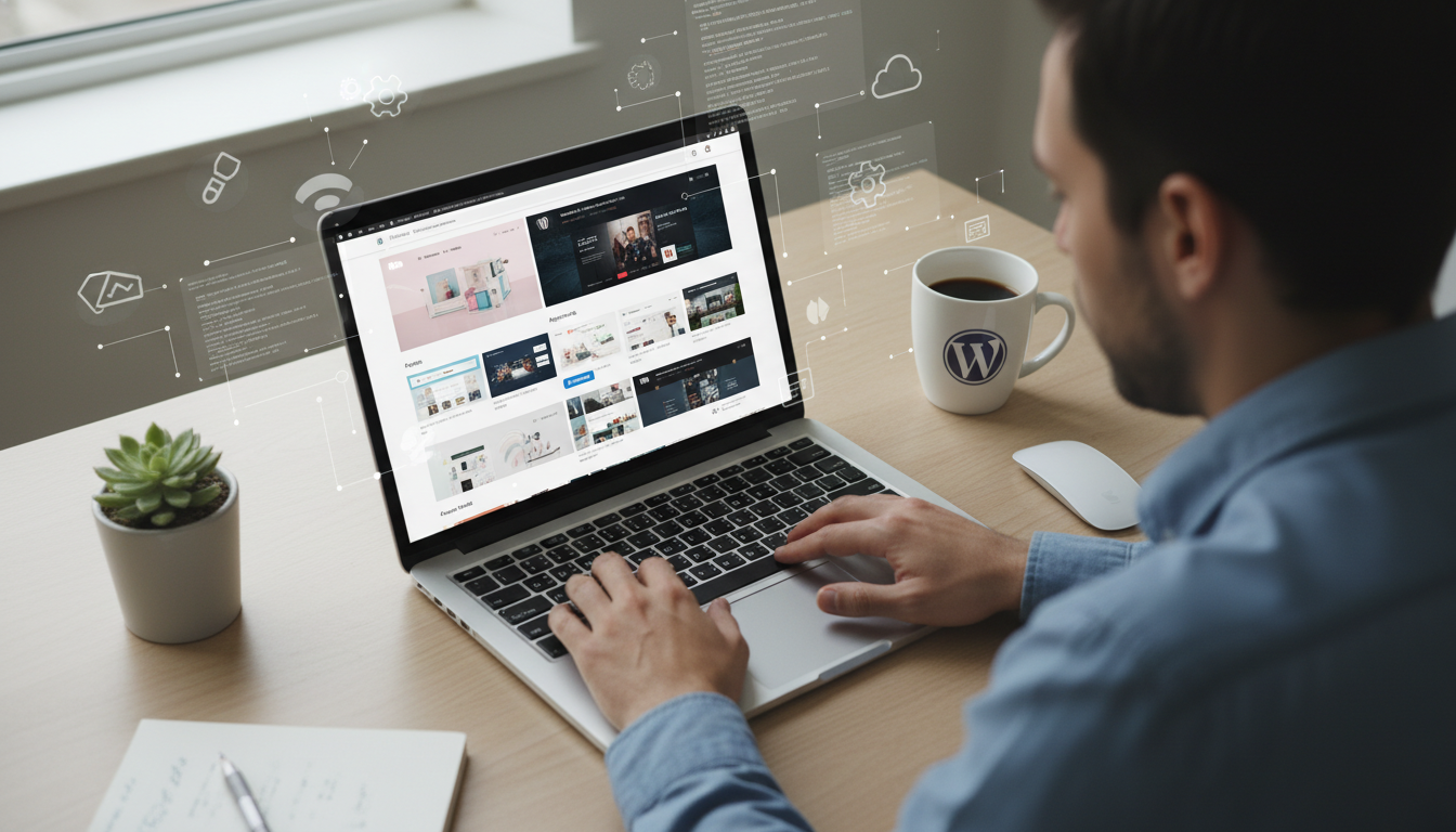 Interface WordPress com opções de temas, pessoa personalizando site, guia de temas para iniciantes.