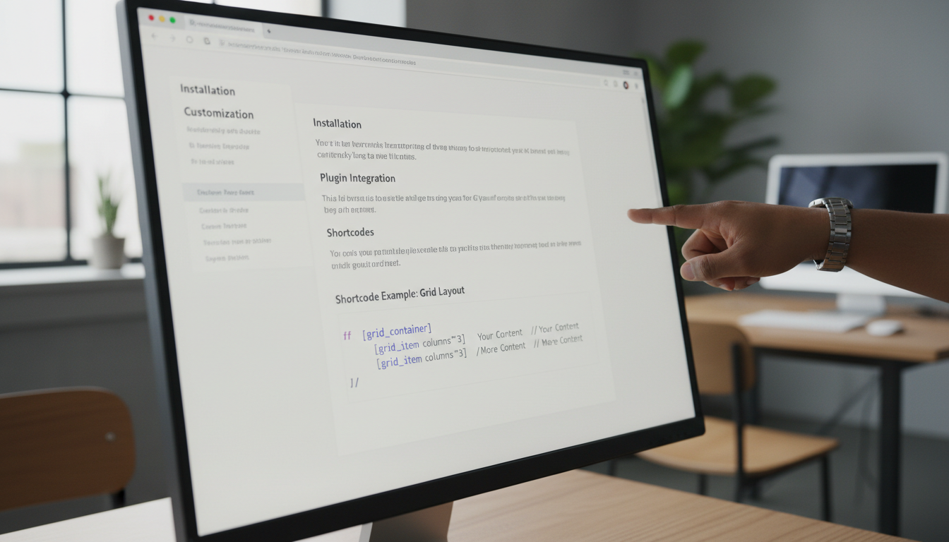 Página de documentação de tema WordPress em tela de computador com mão apontando