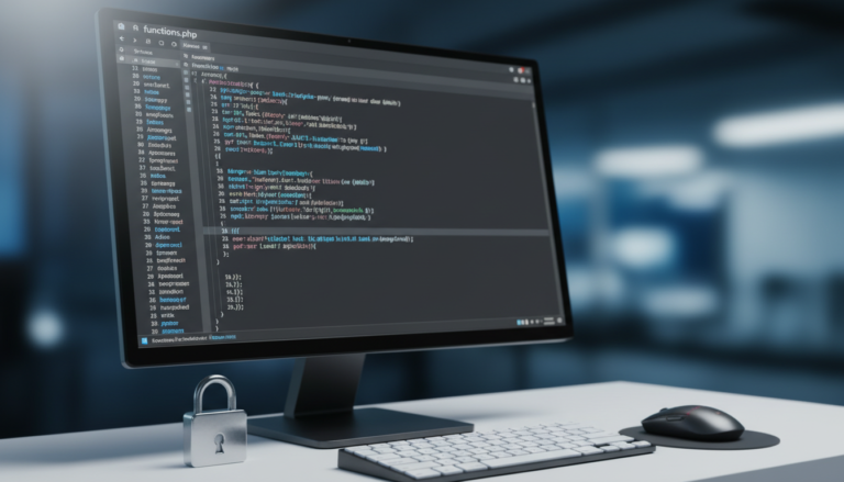 Código do functions.php do WordPress sendo editado com segurança, com um cadeado e teclado em primeiro plano