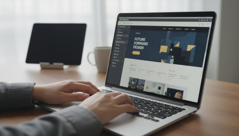 Mãos digitando em laptop com Elementor 4.0.0 na tela, construindo site moderno