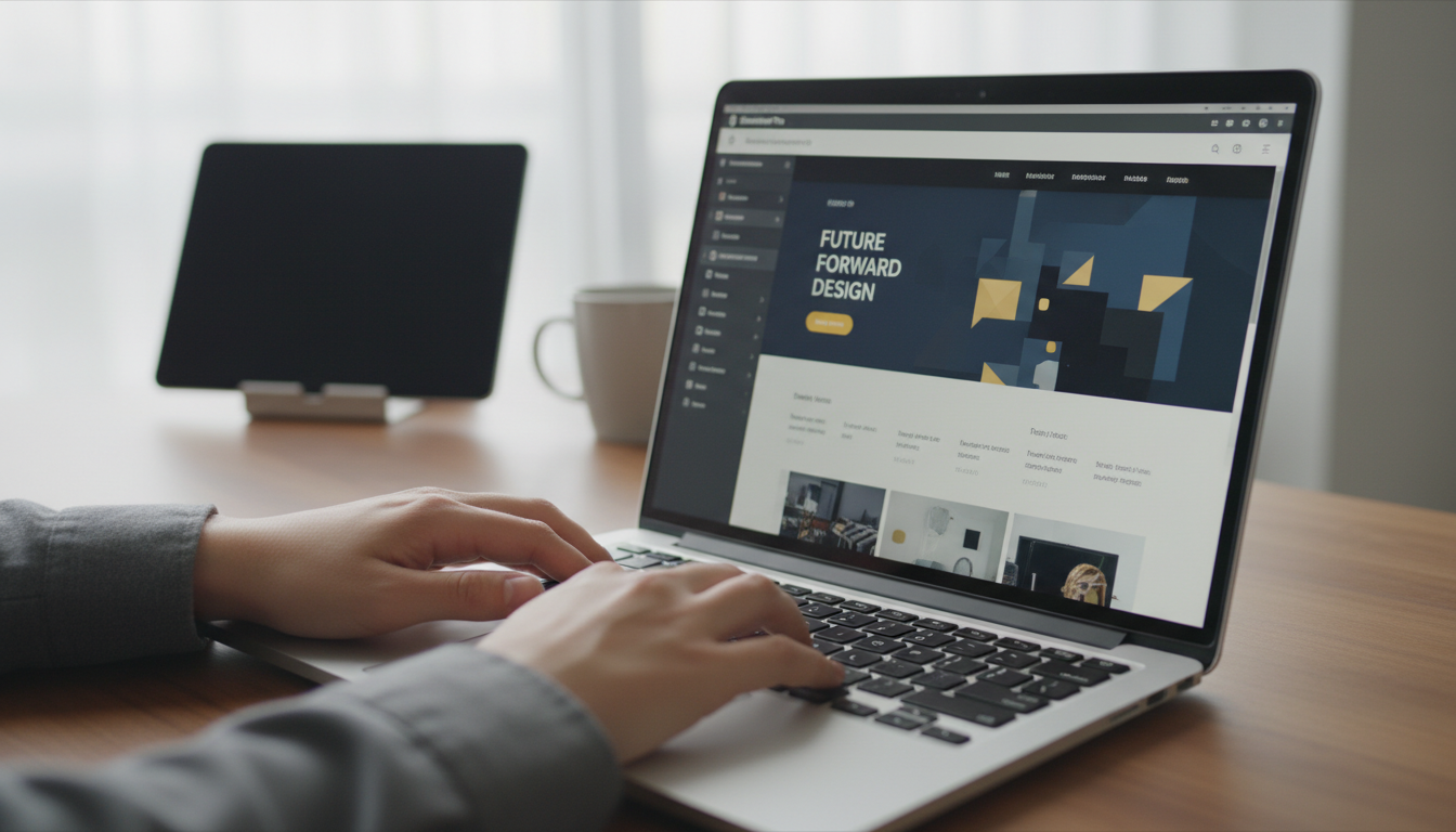 Mãos digitando em laptop com Elementor 4.0.0 na tela, construindo site moderno