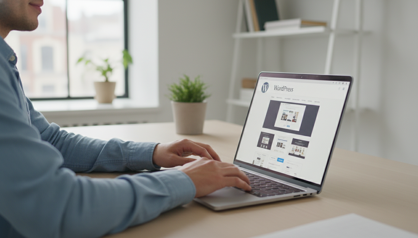 Mãos digitando em laptop com tela mostrando temas WordPress e gráficos de monetização, destacando a escolha de um tema para ganhos online.