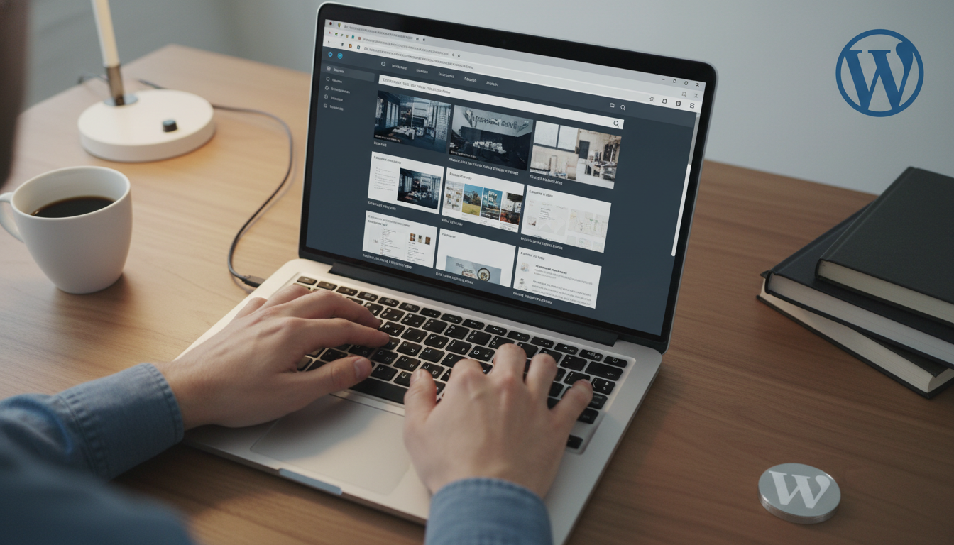 Laptop com interface WordPress exibindo opções de tema, otimização SEO e ferramentas de análise de desempenho.