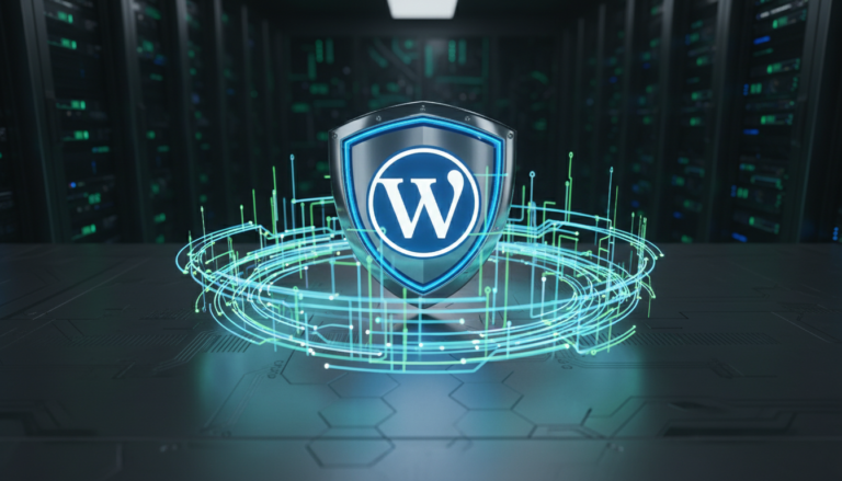 Escudo digital azul e verde protegendo o logo do WordPress, representando segurança de temas