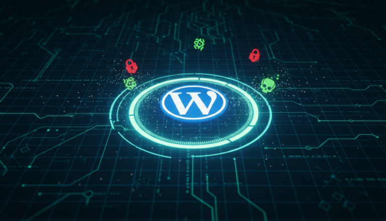 Escudo digital azul e verde protegendo o logo do WordPress contra ícones de vírus e cadeados, representando segurança cibernética.