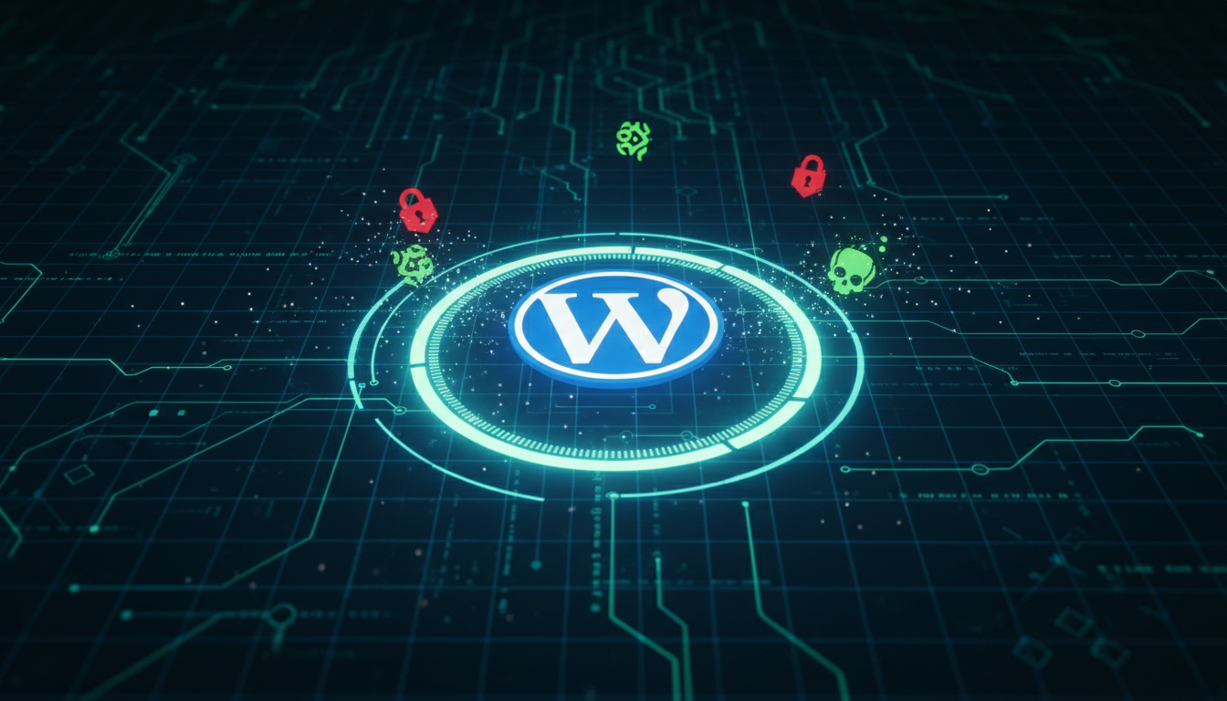 Escudo digital azul e verde protegendo o logo do WordPress contra ícones de vírus e cadeados, representando segurança cibernética.
