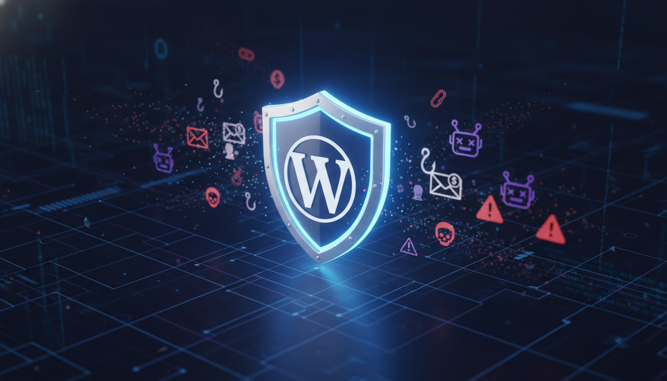 Ícone de escudo digital protegendo o logo do WordPress contra spam