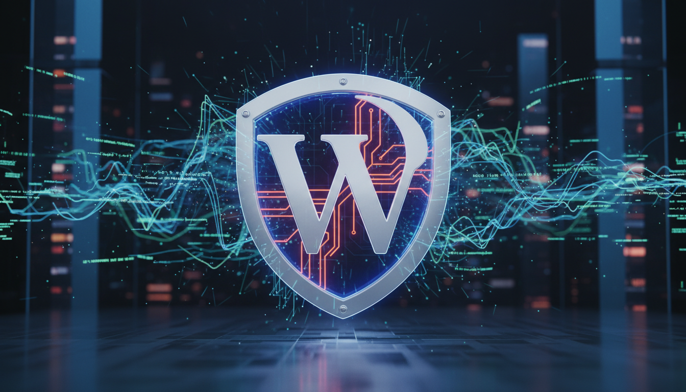 Ícone de escudo digital protegendo o logo do WordPress, representando o Really Simple Security 9.5.8 e suas melhorias de segurança.