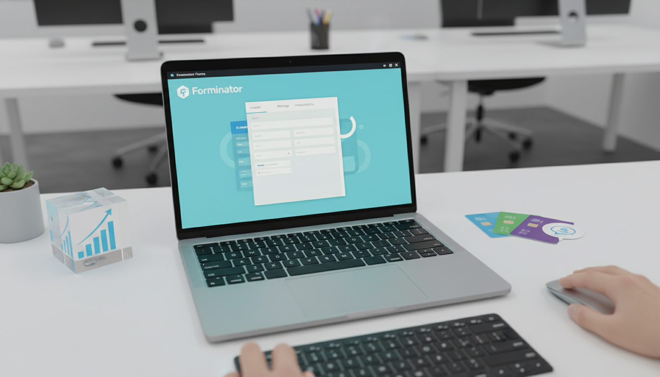 Interface do Forminator Forms 1.52 em um laptop, com ícones de contato e pagamento ao redor, simbolizando a atualização e otimização de formulários.