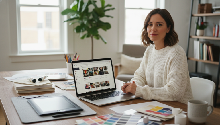 Designer freelancer em seu escritório, navegando por Temas WordPress para Freelancers para criar um site profissional e impactante.