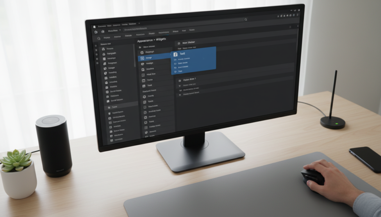 Interface de gerenciamento de widgets do WordPress com áreas de barra lateral e widgets disponíveis