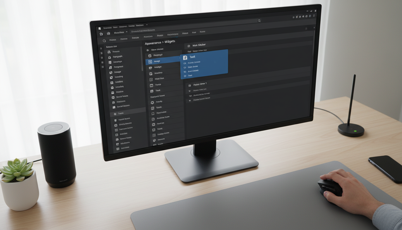 Interface de gerenciamento de widgets do WordPress com áreas de barra lateral e widgets disponíveis