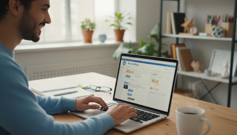 Mulher sorrindo usando WordPress em laptop, com elementos de aprendizado e site em construção