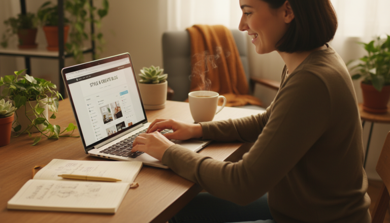 Mulher criando blog pessoal estiloso com WordPress em um laptop, com elementos de design e café