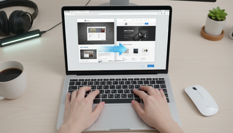Pessoa mudando tema WordPress em laptop, sem perder conteúdo