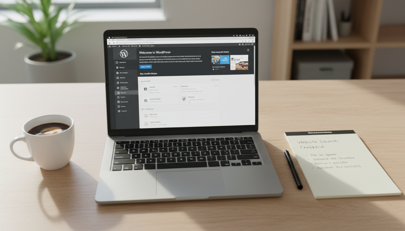 Laptop com tela do WordPress, checklist de lançamento de site e xícara de café em uma mesa de trabalho organizada.