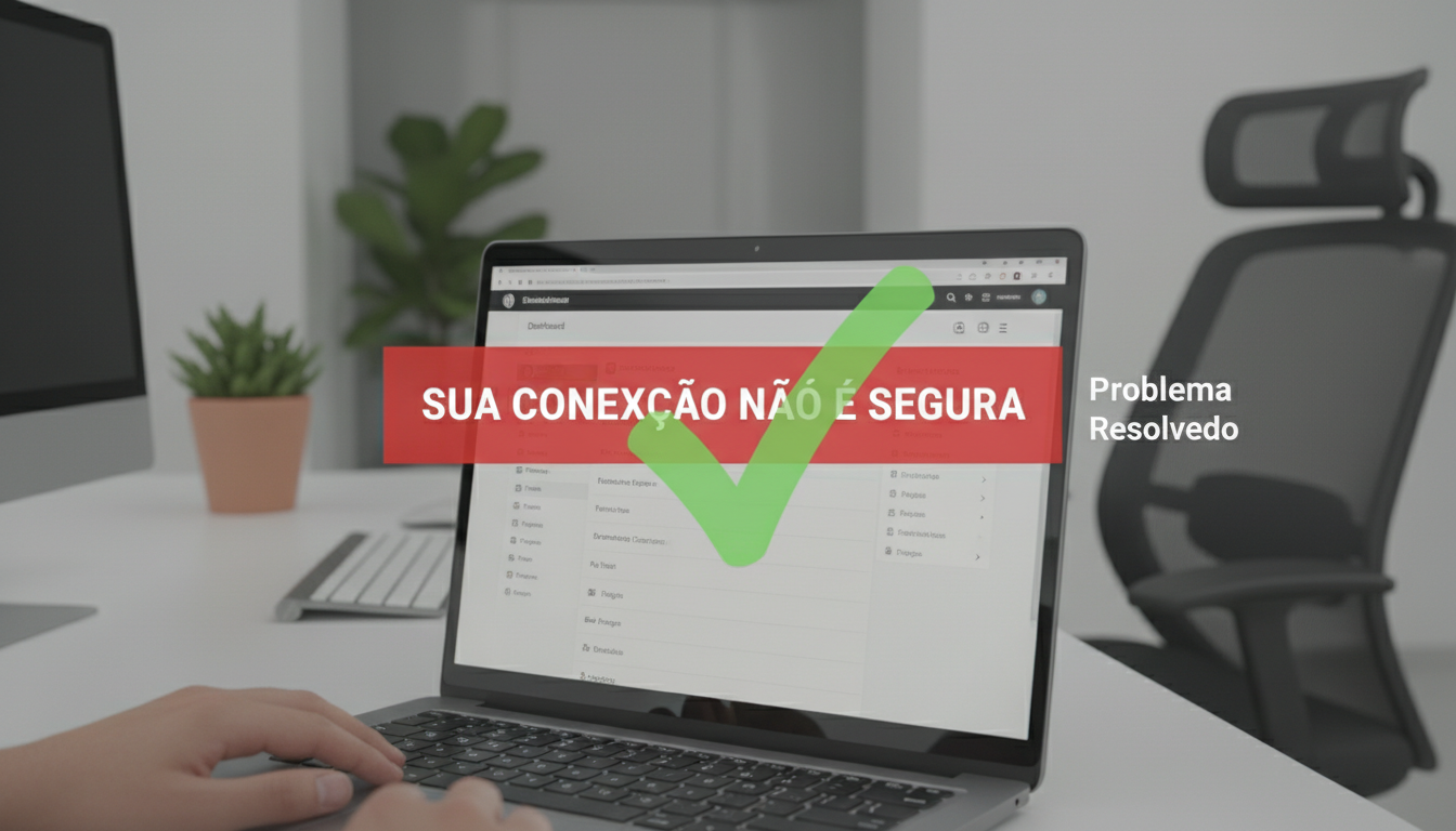 Tela de computador exibindo o aviso 'Sua Conexão Não é Segura' corrigido em um site WordPress, com um cadeado verde de segurança.