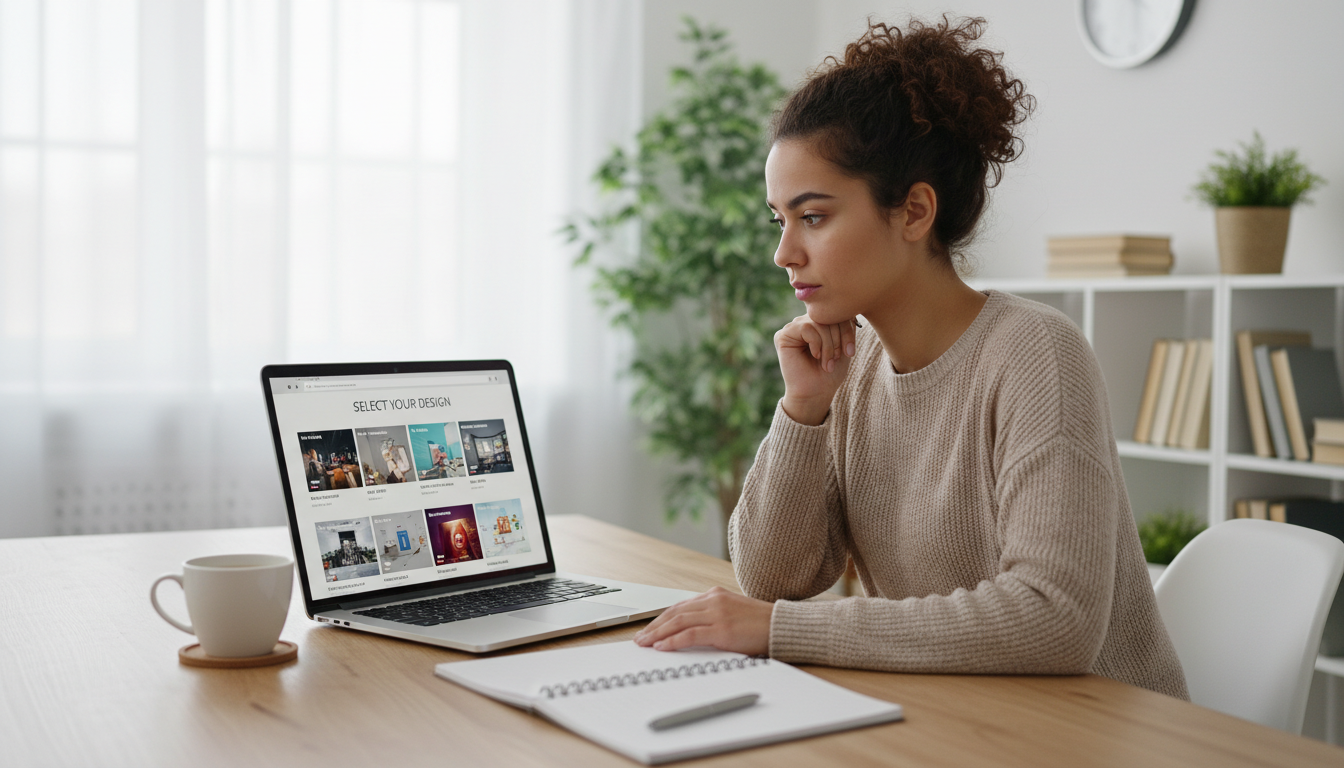 Homem escolhendo tema WordPress perfeito para site, tela de laptop com opções de temas, foco na decisão digital