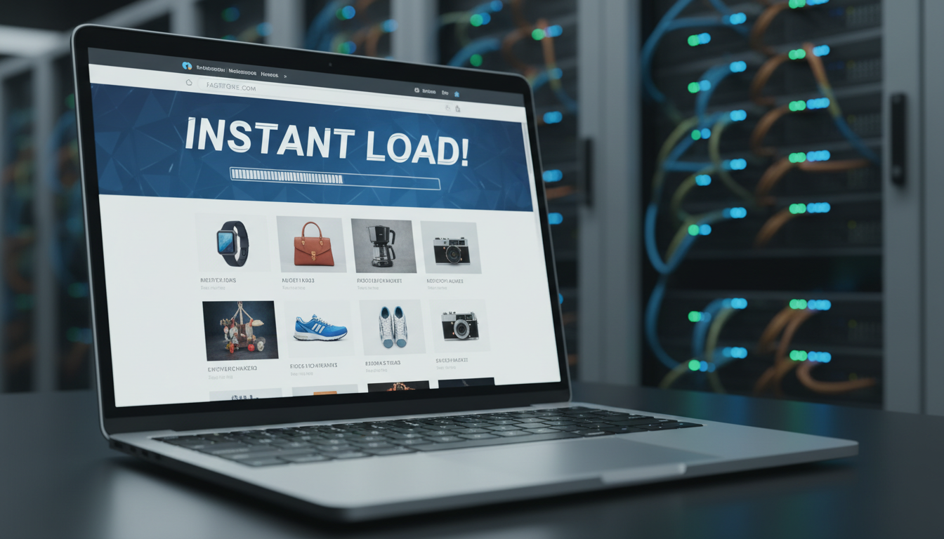 Laptop exibindo loja WooCommerce rápida, com servidores no fundo, simbolizando hospedagem otimizada.