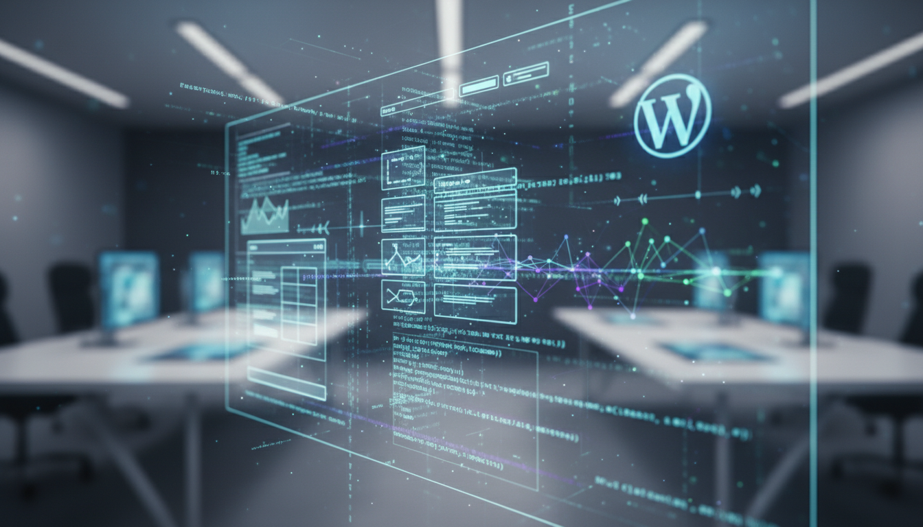 Interface futurista de WordPress com elementos de código e design adaptativo, simbolizando o futuro dos temas e a revolução digital.
