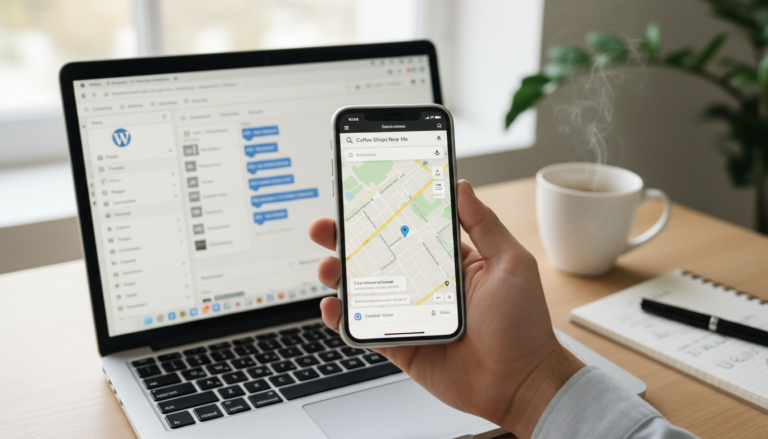 Pessoa integrando mapa do Google em site WordPress usando um laptop e smartphone