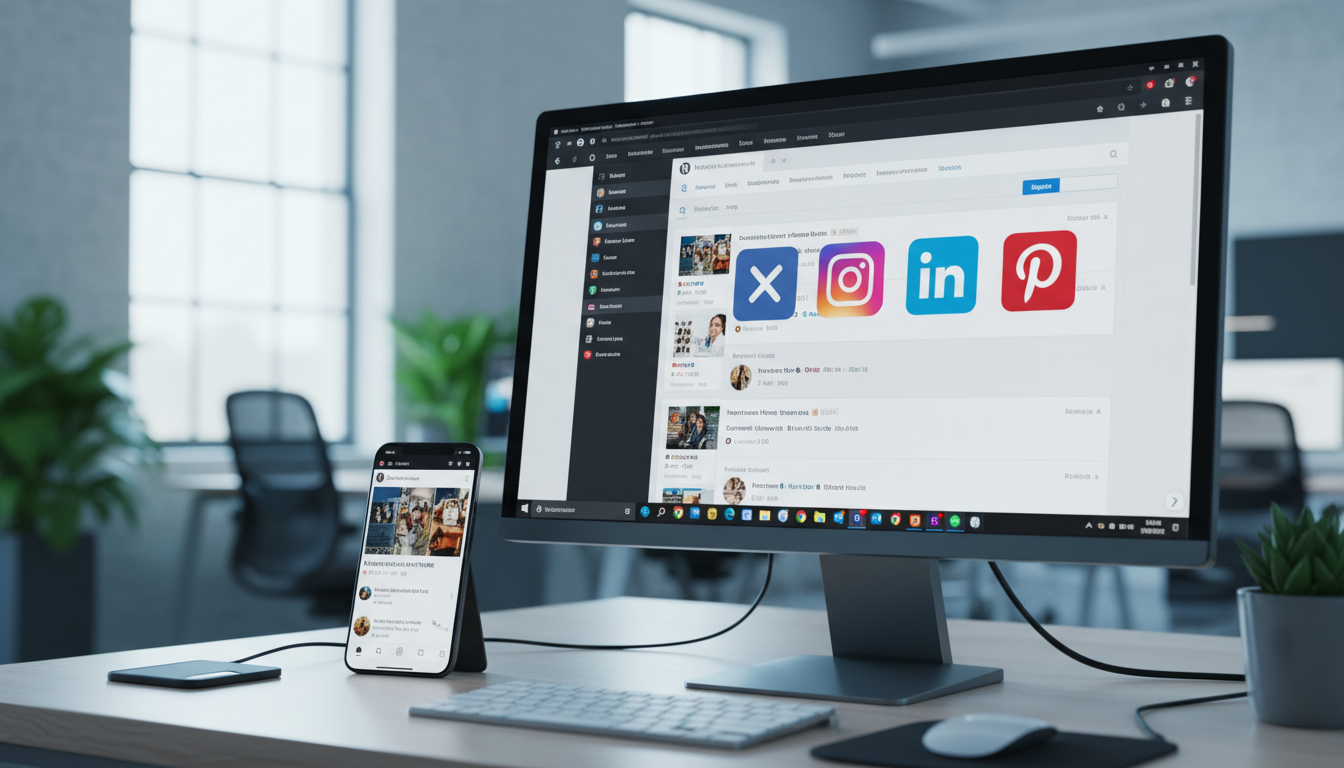 Interface do WordPress com integração de redes sociais e ícones de mídias sociais
