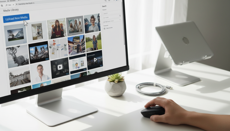 Interface da Biblioteca de Mídia do WordPress com imagens e vídeos sendo gerenciados