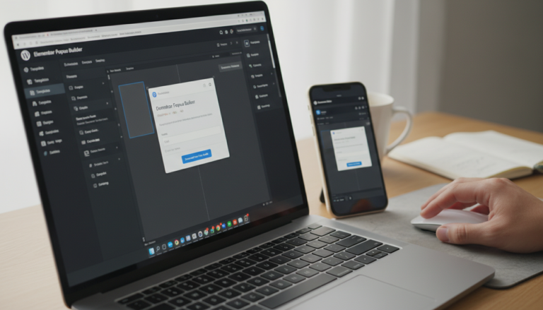 Tela de computador com WordPress e popup de captura de leads, mão usando mouse para configurar