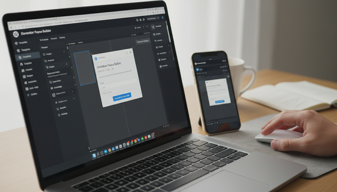 Tela de computador com WordPress e popup de captura de leads, mão usando mouse para configurar