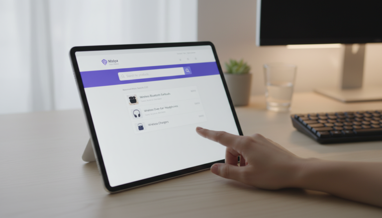 Advanced Woo Search 3.53 interface de busca de produtos em um laptop, mostrando resultados instantâneos e relevantes para WooCommerce.
