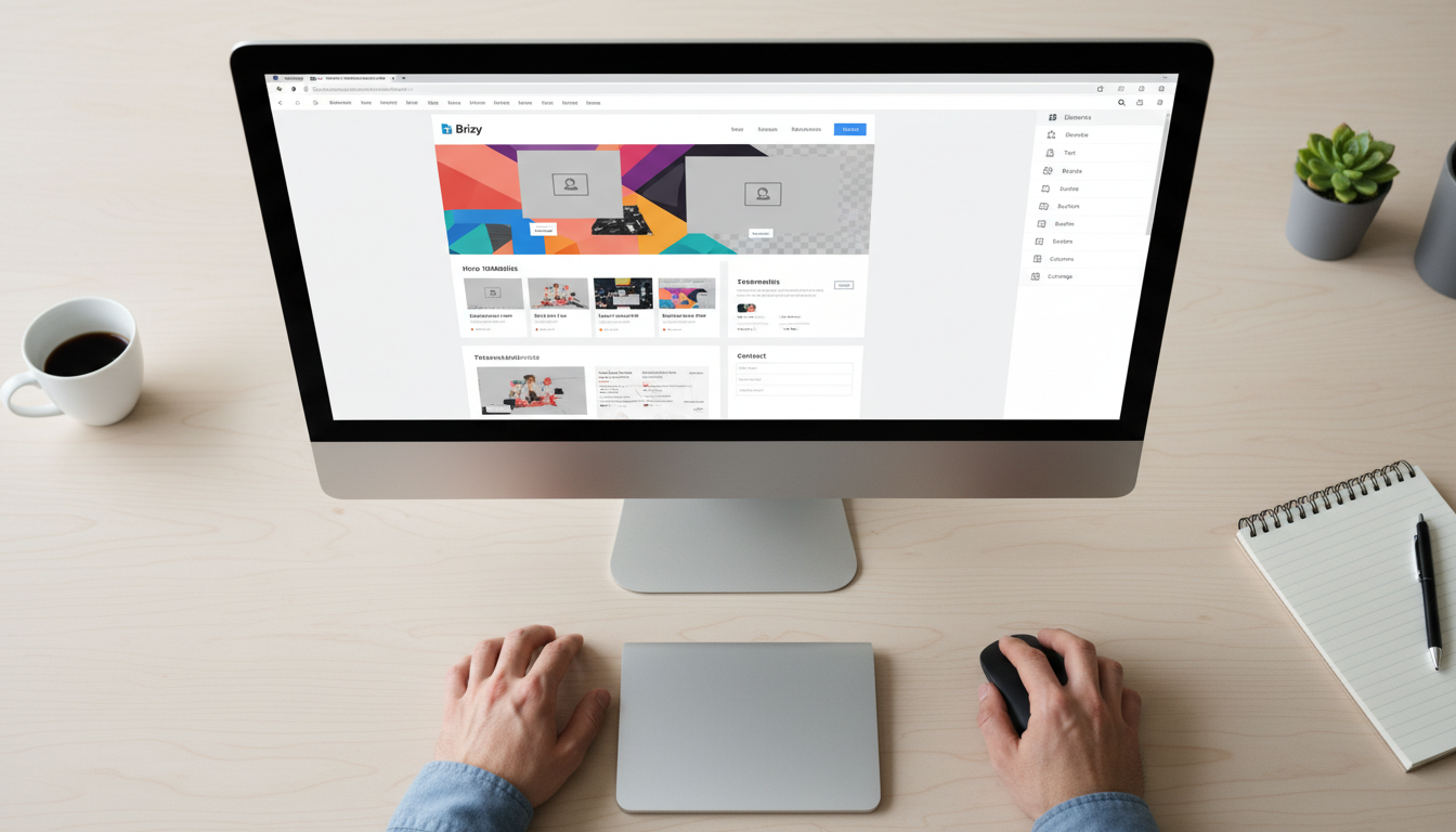 Tela do Brizy Page Builder 2.8.7 com elementos de design e opções de edição visíveis