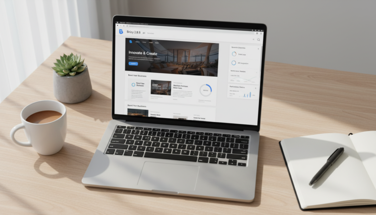 Brizy Page Builder 2.8.8 novidades e melhorias em ação na tela de um laptop
