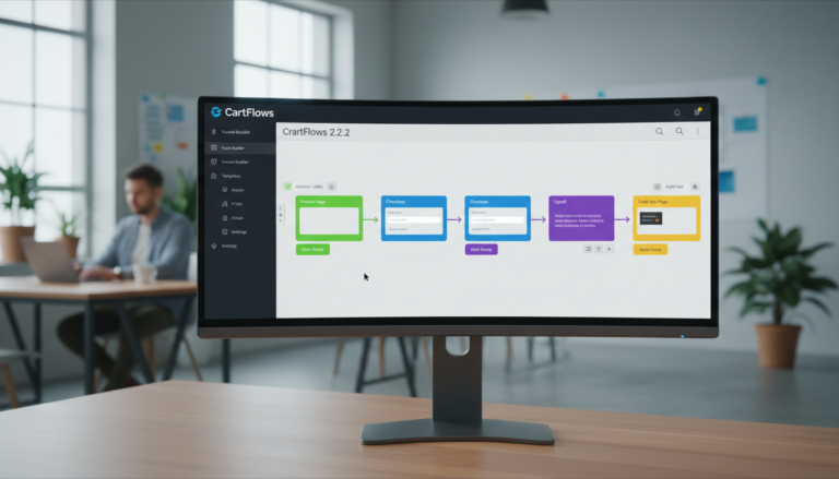 Interface do CartFlows 2.2.2 com funil de vendas otimizado e elementos de checkout