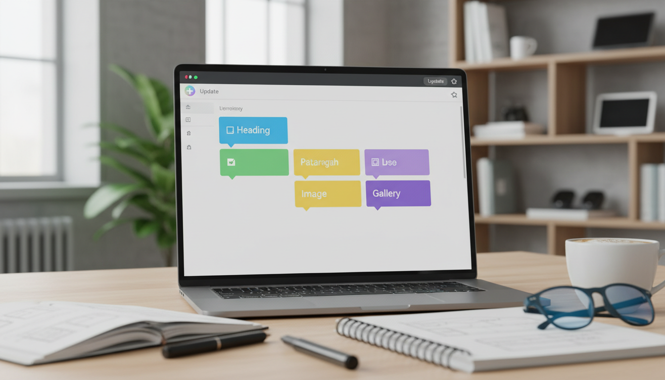 Editor Gutenberg com blocos coloridos em tema WordPress responsivo