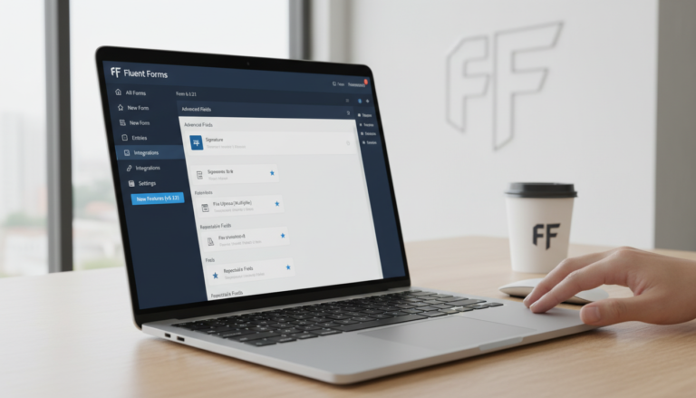 Tela de laptop exibindo o Fluent Forms 6.1.21 com campos e configurações aprimoradas, mão do usuário no mouse.