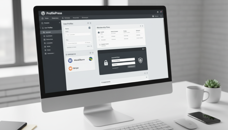 Dashboard do ProfilePress 4.16.12 com opções de membresia, e-commerce, perfis e segurança